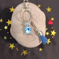Silver Coloured Dinky Owl Bag Charm, Owl Keyring With Acrylic Paint Poured Cabachon Centre and a Mat