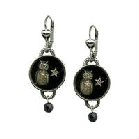 Night Owl Dangle Earrings: Shadow Box Charm, Jet Bead