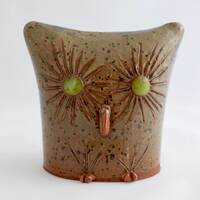 Owl,handmade stoneware with speckle glaze, green eyes, comes with a poem