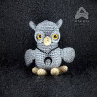 Knitted Gray Owl Plush: Wicca Pagan Crescent Moon Pendant