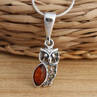 Cognac Baltic Amber Owl Pendant: Sterling Silver Necklace