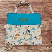 Sac de bibliothèque personnalisé, tote bag, tissu renard turquoise hibou