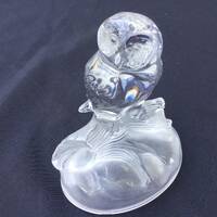 Vintage Cristal D'Arques Art Glass Owl Figurine Perched on Satin Log Collectible Figurine-Paperw