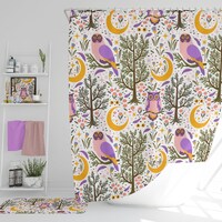 Owl Shower Curtain - Owls Curtain, Moon and Trees Bath Tub Curtain, Pink Purple Bathroom Decor, Pret