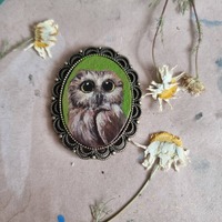 Owl Tiny Portrait Original Miniature in Metal Vintage style Frame Bird Oil Painting for Friend Gift 
