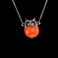 Rare Vintage Orange and Silver Toned Small Owl Pendant 1970s