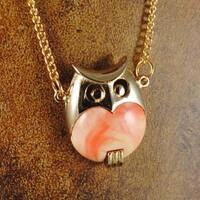 Owl Necklace Vintage Medium Size Coral Marbled and Gold Toned Owl Pendant 1960s