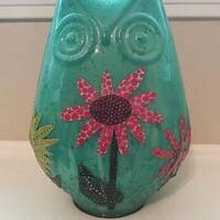 Glass Owl Statue, Glass Owl, Teal Owl with Flowers, Teal Owl Statue, Colorful Owl, Owl Home Decor, D
