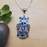 TT #104 Inlay Opal Multicolor Owl Necklace Pendant With Silver Chain 16 or 18 in | Sterling Silver I