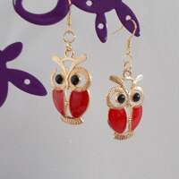 Boucles d'oreille grand HIBOU rouge et dor&eacute;