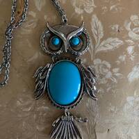 Vintage Mid Century Great Horned Owl Pendant With Faux Turquoise