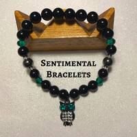 Owl Bracelet: Black Onyx & Hematite Gemstone, Wisdom Jewelry