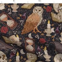 Owl Fabric - Ancient Magic Spell Dark Academia by mitalimdesigns - Raven Magic Spells Skulls Dark Ma