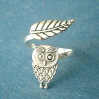 owl ring with a leaf wrap style, adjustable ring, animal ring, silver ring, statement ring