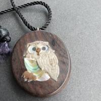Real Cute Wooden Sliver Owl Signed JAY c necklace