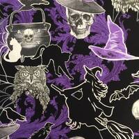 Half Yard  Halloween Spirit Fright Night in Purple  by Benartex  Glow in the Dark Owls Black Cats Wi