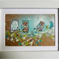 Elaine Graham Art 'Owls Watch' Box Frame 8" x 6" - Beautiful Original Painting Fro