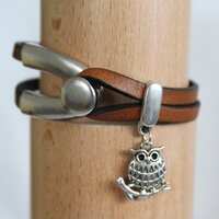 Leather Owl Bracelet, Brown Leather Wishbone Bracelet with Two-Sided Owl Charm