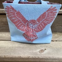 Tote bag - red owl and light blue background, upcycled, repurposed vintage clothing