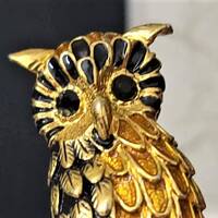 Mid Century Enameled Owl Brooch Gold Toned Metal Black Rhinestone Eyes Golden Brown and Black Enamel