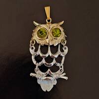 Green Eyed Owl Gold and Silver Tone Pendant, Retro Articulated Pendant Owl for Chain or Ribbon, Fall