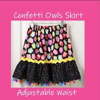 Girls Confetti Owls adjustable waist cotton skirts in multiple sizes