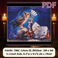 Witchy Cross Stitch, Owl and Book of Shadows, Magic Pagan Cross Stitch PDF, Witch Altar Decor, Patte