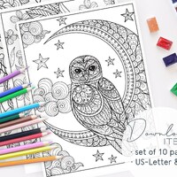 Owl Coloring Pages for Adults, Printable PDF with 10 Pages, Digital Coloring Book for Relaxation and
