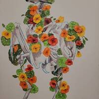 Owl Skeleton with Flowers Marker Drawing Original Creepy Floral Bird Illustration Spooky Weird Uniqu