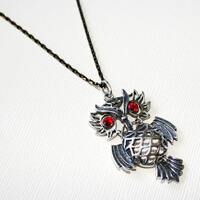 Wise Owl Pendant with Ruby Red Eyes in Sterling Silver