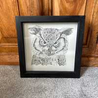 Angry Owl framed pencil drawing. Beginner's pencil wall hanging. Compact wall art. Owl head pict
