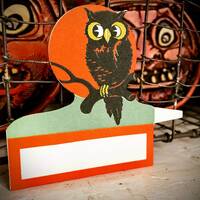 Vintage Halloween 1930s Owl On Branch Full Moon Place Card UNUSED Near Mint Old Collectible Party Fa