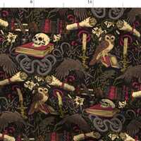 Owls Fabric - Dark Academia  by taranealart - Skulls Snakes Books Halloween Spooky Creepy Dark Acade