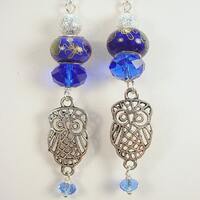 Midnight Owl Earrings with Silver Filigree Owl , Silver Fill Wires and Dark Blue Beads