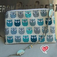 Blue owl pouch fabric small bag owl blue cotton gift Christmas birthday colleague woman girl