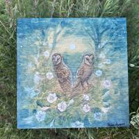 Original painting Barn owls in tree of moonflowers watercolor painting on wood original art