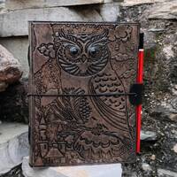 Embossed Owl Leather Journal: Handmade Writing Notebook with Onyx Eyes