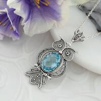 925 Sterling Silver Filigree Art Owl Blue Topaz Women Pendant Necklace, Handmade Solid Silver Owl Ch