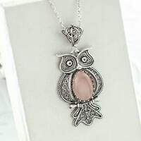 925 Sterling Silver Filigree Art Owl Design Rose Quartz Women Pendant Necklace, 18"+2" Sil