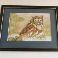 Vintage Owl Watercolour Painting, Small Unsigned Artwork in Naive Style, in Frame Sized 9 7/10 x 7 7