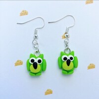 Handmade Green Clay Owl Earrings: Silver Fishhook Jewelry