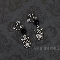 Silver Owl Clip-On Earrings - Gothic Clip-On Earrings, Halloween Non-Pierced Earrings, Spooky Jewelr