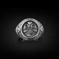 Eye Of Providence Owl Mens Silver Ring, Freemason Engraved Signet Ring For Men, Oxidized Masonic Rin