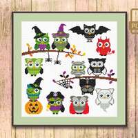 Halloween Owls Cross Stitch Pattern, Owls Cross Stitch Pattern, Halloween Cross Stitch Pattern, Hall