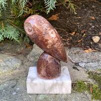 Soapstone brown owl sculpture statue on white marble base hand carved mid century teardrop shape
