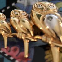 Art Deco Owl Pin Goldtone and Silver Modernist Brooch