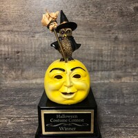 Halloween Trophy Whimsical Rustic Owl & Moon Kids Halloween Pumpkin Carving Contest Trophy Best 