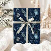 Winter forest wrapping paper, Owl Gift Wrap, Woodland Nordic Holiday Gift Roll, Navy Blue Skandi Chr
