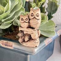 Small Double Owl Figurine, Mom and Baby Owl Figure On A Branch with Pinecones, Resin Faux Ivory Dior