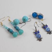 Blue color earrings for pierced ears, owl earrings, fashion earrings, blue beaded drop earrings